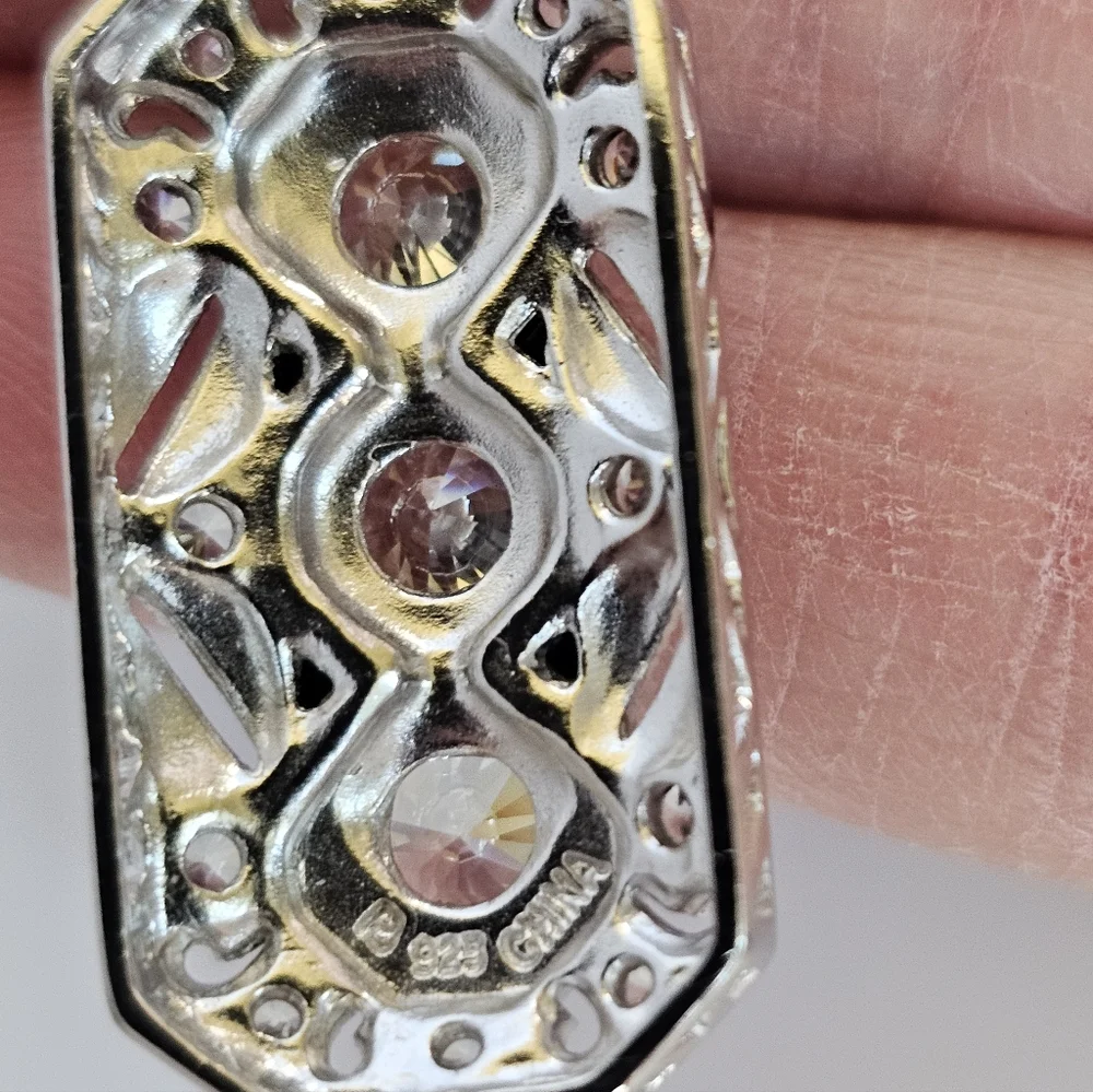 Stunning Edwardian Style Black Onyx & Diamond Simulant Pendant Sterling Silver!